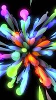 Black background with shiny multicolored abstraction . Motion . Lines of different sizes that fly like fireworks and spread out, filling up all the free space and making it multicolored. video