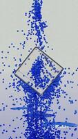 Abstract transparent cube with blue silhouette spinning surrounded by small dust particles. Design. Geometric figure colorful abstraction. video