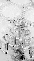 Fast rotating monochrome metallic gears or cogs, machinery background. Design. 3D spinning mechanism of a giant machine in black and white colors. video