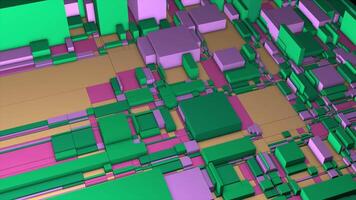 Colorful cubes on diagram. Motion. Abstract 3D city plan with colorful cubes. Projection of colorful 3d space of microchip or city plan video
