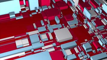 Colorful cubes on 3d surface. Motion. 3D projection of chip with colorful cubes. Abstract city plan or microchip made of cubes of different sizes video