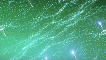 Green delicate background.Motion.Bright white flying small particles slowly move across the green background in abstraction. video