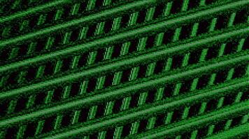 Abstract 3d crossed green tube like stripes moving on a black background, seamless loop. Motion. Grainy texture of straight lines. video