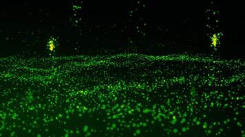 Abstract green shiny futuristic digital space with unique dots and flying comets. Motion. Dark green wavy surface of tiny particles. video