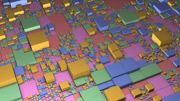Moving scheme of colorful squares. Motion. 3D map diagram of colorful squares. Lot of colorful squares are moving on distorted surface. Abstract motherboard video