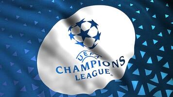 Close up of blue and white flag fabric with the emblem of UEFA Champions League. Motion. Waving colorful realistic flag. For editorial use only. video