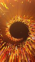 Bright flying sparks of particles, spinning in a circle, follow the flashing star. Motion. Outer space background with flying comet. video