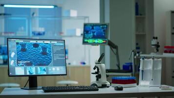 Interior of empty science laboratory with modern equipment prepared for pharmaceutical innovation using high tech, microbiology tools for scientific research. Vaccine development against covid19 virus video