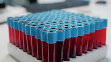 Close up of medical vacutainers with blood on tray in science laboratory. Lab glassware with red solution on desk ready for chemical experiment analysis. Transparent flasks with substance video