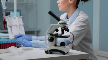 Close up of microscope tool while scientist analyzing petri dish and using modern computer in background. Woman at laboratory desk with blood sample and tray of vacutainers for examination video