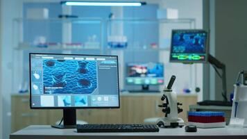 Empty laboratory modernly equipped with nobody in it, prepared for pharmaceutical innovation using high tech and microbiology tools for scientific research. Vaccine development against covid19 virus. video