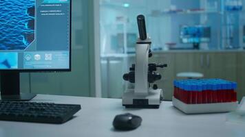 Empty science research laboratory office with microscope on table. No people in lab prepared for pharmaceutical innovation using microbiology tool for scientific research vaccine against covid19 virus video