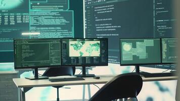 Empty cyber operations center for governmental hacking and threat detection. Equipped with technology for monitoring cyber threats, cybercrime, and safeguarding digital information. Camera A. video