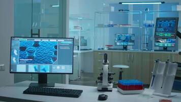 Interior of modern scientist modern biological lab with empty background prepared for vaccine development against covid19 virus using high tech, microbiology tools for scientific research. video