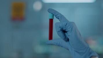 Hand with gloves holding test tube in science laboratory, analyzing dna substance for biology experiment. Microbiology specialist working with glassware and red liquid in flask. Close up video