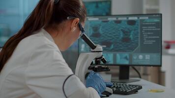 Biology scientist working with microscopic tool in laboratory, analyzing dna substance with optical lens. Chemist using microscope with magnifying glass for scientific development. video