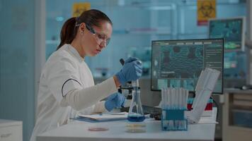 donna biologo utilizzando micro pipetta con test tubo e coppa per sperimentare nel scienza laboratorio. biochimica specialista Lavorando con laboratorio attrezzatura e cristalleria per sviluppo. video