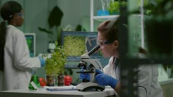 Pharmaceutical scientist looking at green leaf sample on microscope while writing genetic test on notepad. Biologist specialist analyzing organic gmo plants while working in microbiology food laboratory video