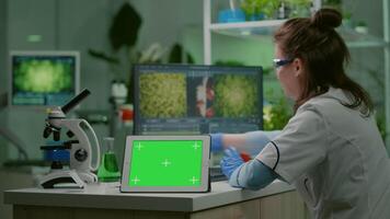Chemist researcher typing microbiology expertise on computer while in front standing on table tablet with mock up green screen chroma key with isolated display. Biologist working in medical lab video