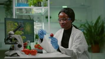 Chemist scientist injecting strawberry with organic liquid examining dna test of fruits for botany experiment. Biochemist working in pharmaceutical laboratory testing health food for medical expertise video