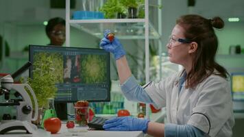 Scientist chemist checking strawberry using medical tweezers working in biotechnology laboratory. Biochemist examining organic fruits typing medical expertise information on computer video