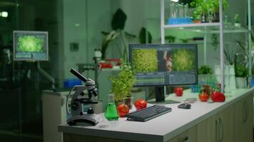 Empty microbiology laboratory with nobody in it equipped with professional equipment prepared for biological innovation using hight tech tools for scientific biochemistry research video