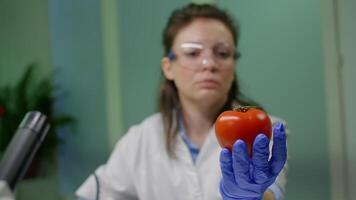 Front view of biologist reseacher woman analyzing pepper injected with chemical dna for scientific agriculture experiment. Pharmaceutical scientist working in microbiology laboratory video