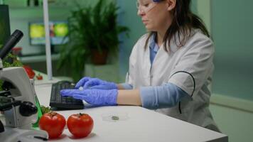 Botanist woman looking at petri dish with leaf sample checking gmo test typing scientist researcher on computer for chemistry experiment. Biologist analyzing plant in biological laboratory video