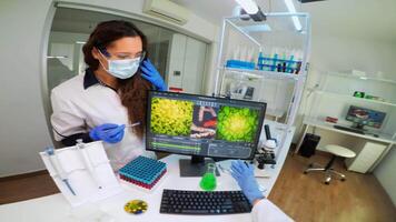 POV of scientists team worried about virus evolution discussing pointing at computer. Stuff examining vaccine development using high tech researching treatment against covid19 virus video