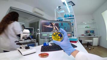 FPV of chemist holding petri dish with various bacteria analysing virus evolution working in equipped laboratory. Team of scientists examining new vaccine against covid19 virus using high tech video