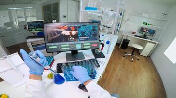 POV of scientist using micropipette in lab to extract blue liquide from test tubes analysing chemical reaction. Doctor examining virus evolution using high tech and chemistry tools for research video