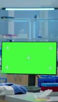 Vertical . Man researcher looking at chroma key display in modern equipped lab typing on computer. Team of microbiologists doing vaccine research writing on device with green screen, isolated, mockup display. video