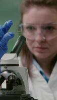 Vertical . Closeup of scientist woman looking at test sample of leaf analyzing for biological experiment with organic plants. Biologist specialist discovering organic gmo plants while working in microbiology lab video