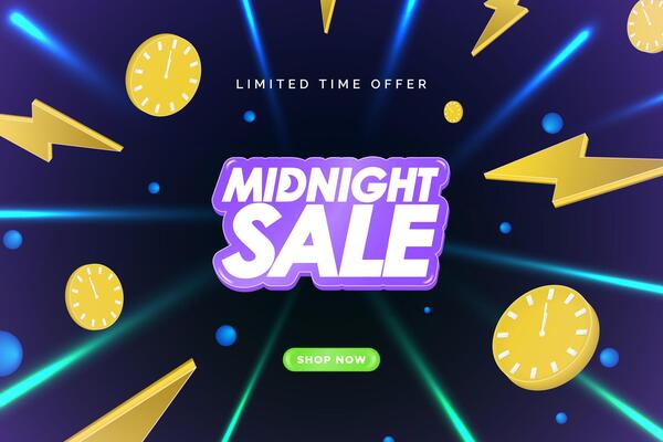 Midnight Sale Banner on Neon Background with shop now button, burst of lightning flash icon symbols, burst of laser beams, 3d clocks. Business discount template. Limited Time offer text tag.