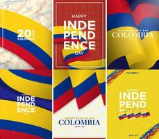 Colorful Happy Columbia Independence Day Poster Set. 3D Colombian flag design elements, with typographic designs, and Colombia Flag Color palette. Celebrated on July 20. vector