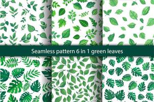 seamless pattern of vibrant green leaves on a white background. Various leaf shapes and sizes create a fresh, natural, tropical appearance, perfect for eco-friendly or botanical projects set 6 in 1 vector