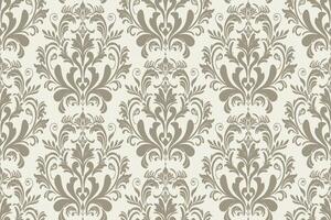 Seamless damask pattern with floral and leaf motifs on beige color background. vector