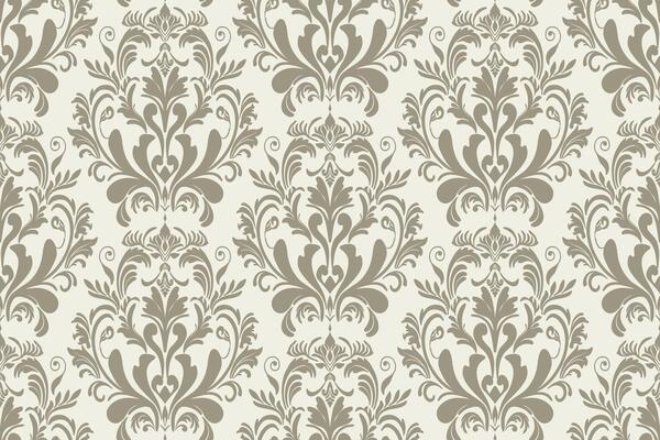 Seamless damask pattern with floral and leaf motifs on beige color background.