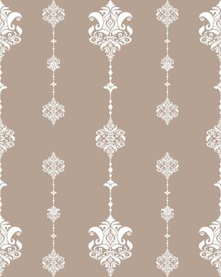 Damask seamless pattern with white floral swirls on brown background.