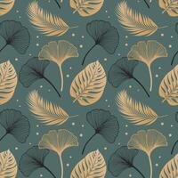 Seamless pattern with golden tropical ginkgo leaves on a dark background. Abstract background with leaves. Template for background, print, textile vector
