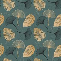 Seamless pattern with golden tropical ginkgo leaves on a dark background. Abstract background with leaves. Template for background, print, textile vector