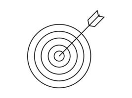 Hand drawn cute outline illustration of arrow hit center of target. Flat hit the bull's eye in line art doodle. Successful business strategy icon. Goal achievement. Problem solution. Isolated. vector