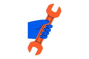 Hand drawn cute cartoon illustration hand wrench or spanner instrument. Flat repair tool in arm colored doodle style. Support service hardware icon. Settings or fix problem. Isolated. vector