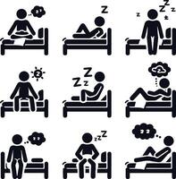 Stick Figure Bed Postures Dreaming, Sitting, Sleeping. Icon Set on White Background. vector