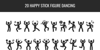 Joyful Stick Figure Man Dancing Hands-Up Poses Icon Set. Stickman Enjoying, Jumping, Having Fun, Party Silhouette Pictogram on White Background. vector