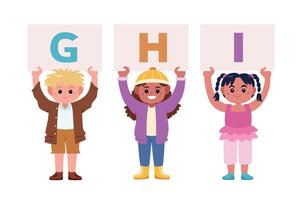 Children holding signs with alphabet G H I cartoon image vector