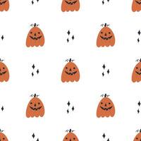 Cute pumpkin with spooky face - seamless pattern on white background. Hand drawn Halloween pattern with Jack o lantern. Autumn holiday celebration. Great for wrapping paper. vector