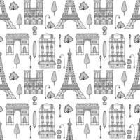Paris pattern. Seamless city doodle background. Cute hand drawn line silhouette by black ink pen of Eiffel tower, Notre-Dame de Paris, Triumphal Arch and parisian house with trees and lanterns vector