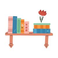 Hand drawn bookshelf, cartoon flat illustration isolated on white background. Colorful books in row, cute vase with flower. Concepts of reading, literature and education. vector