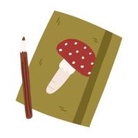 Cute notepad with mushroom drawing, cartoon flat illustration isolated on white background. Hand drawn notebook for autumn. Concept of diary writing. vector